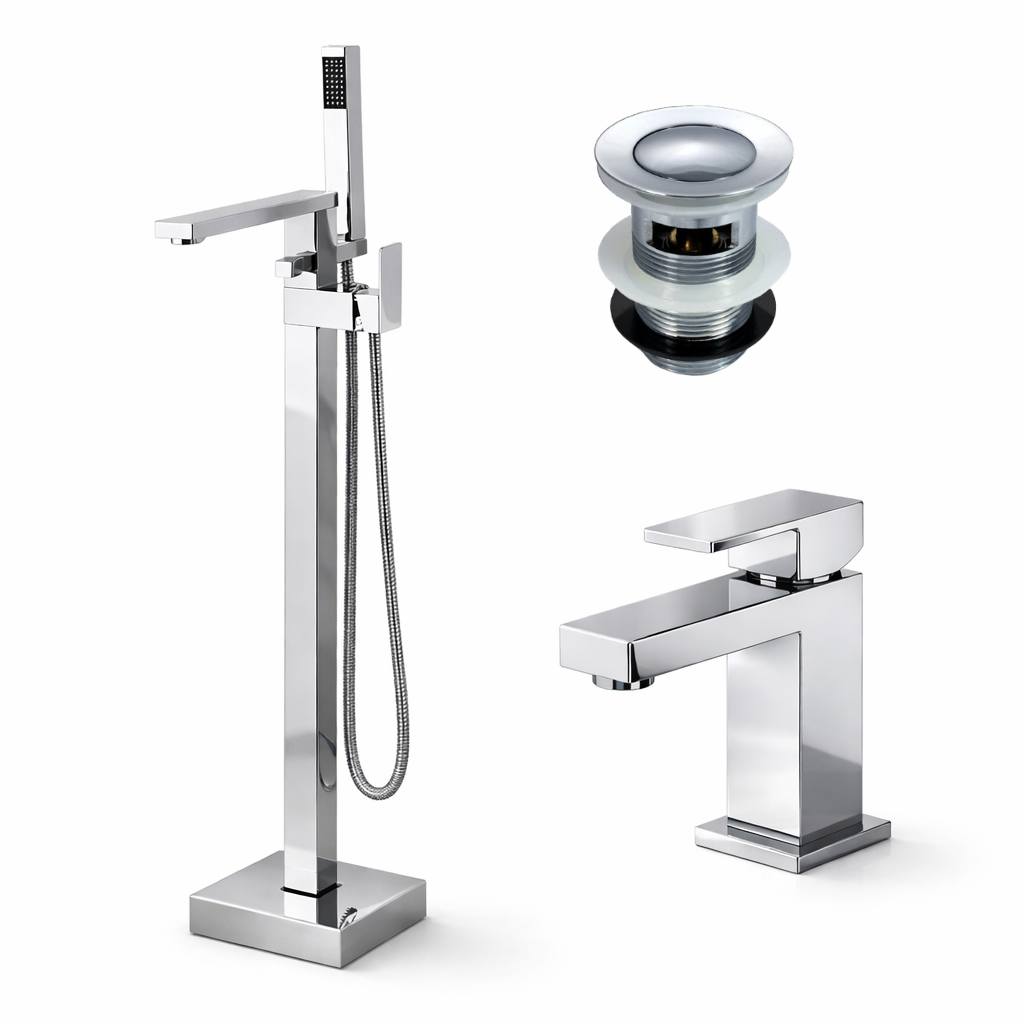 Cube Square Freestanding Bath Shower Mixer Tap, Basin Sink Mixer Tap & Round Push Button Slotted Basin Waste Set