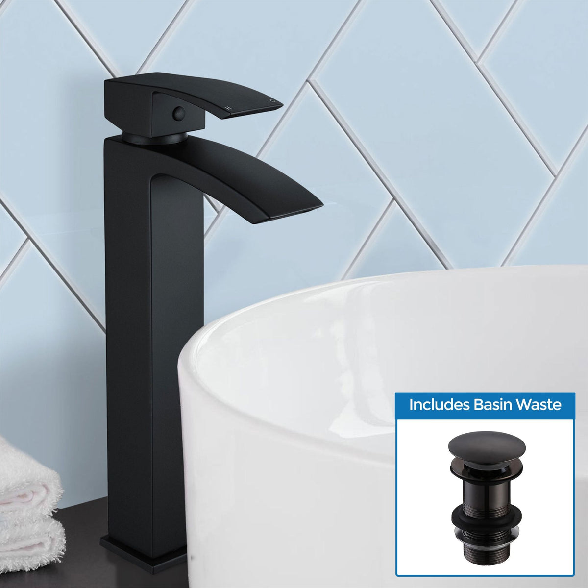 Arke Modern Extended Matte Black Design Countertop Basin Mono Mixer Tap & Waste Set