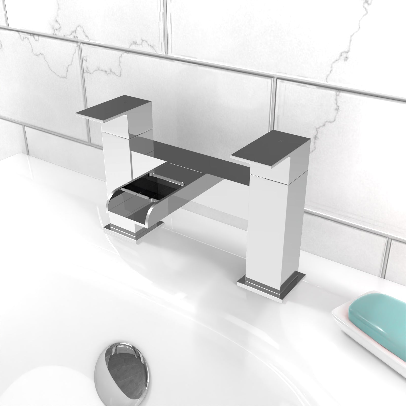 Ozone Contemporary Waterfall Basin Mono Mixer Tap & Deck Mounted Bath Filler Tap