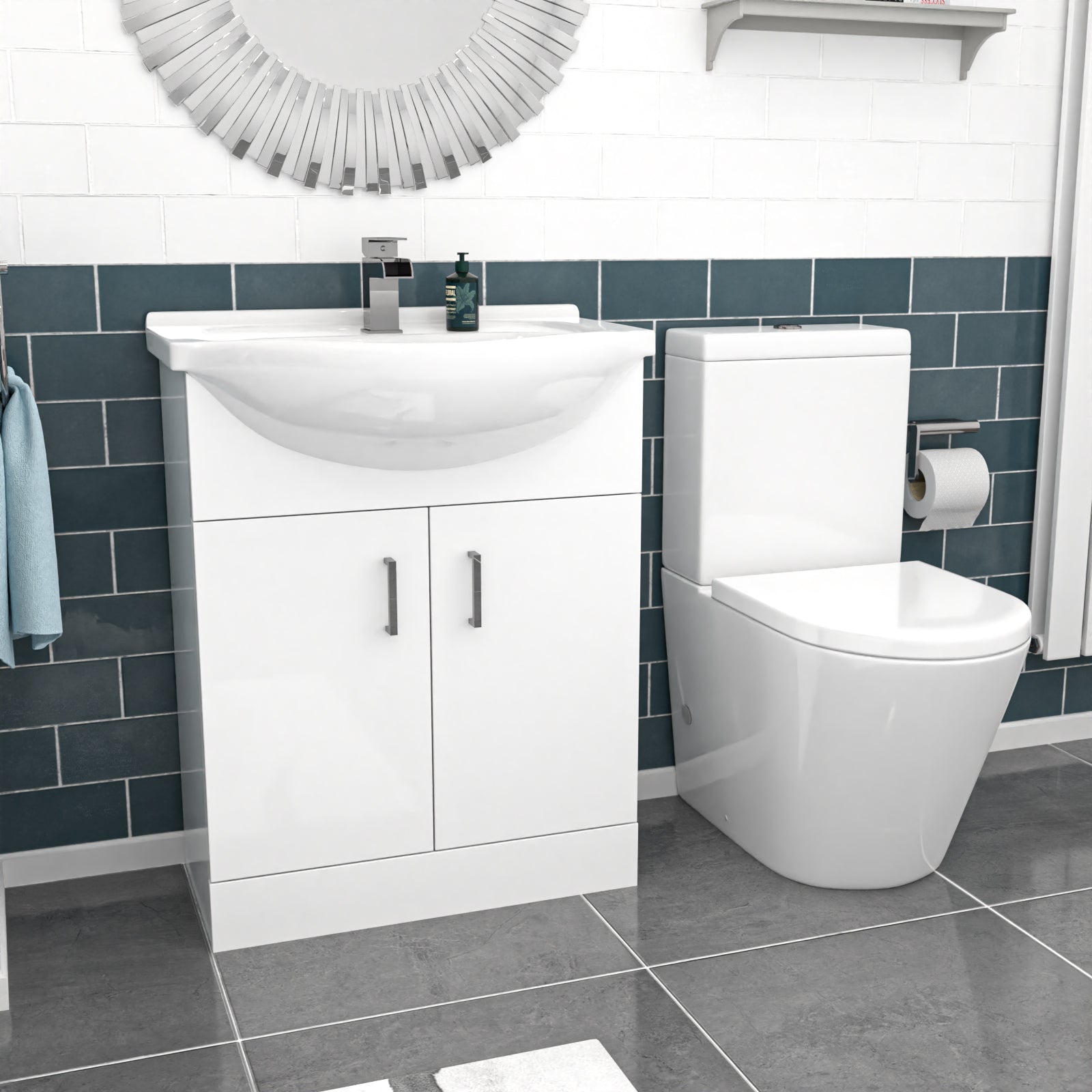 Bathroom setup with white vanity unit and toilet