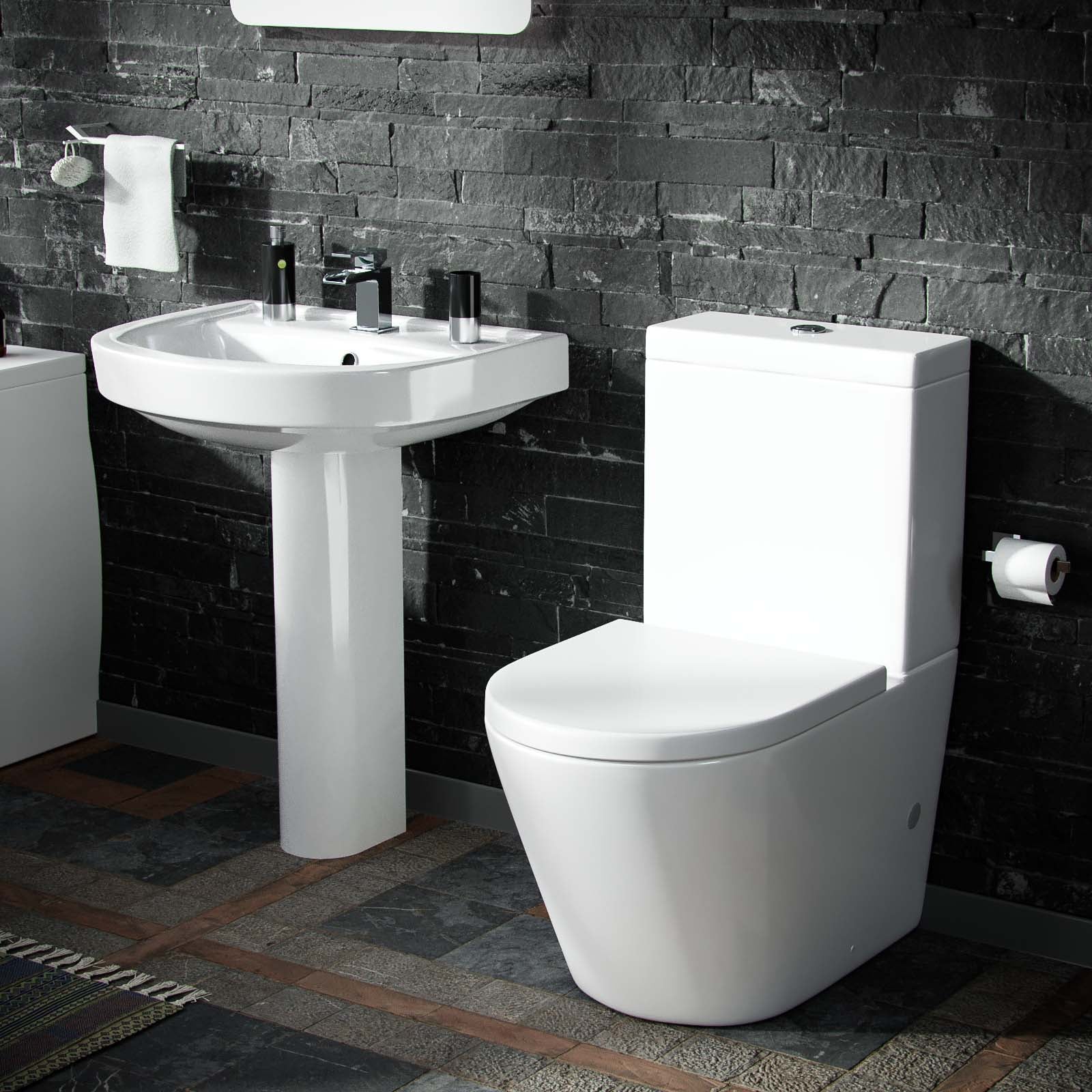 Pedestal Basin & Close Coupled WC Toilet with Straight Edge Bath Bathroom Suite