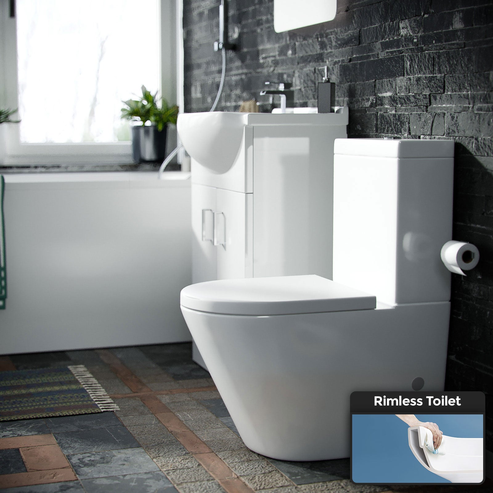 Ellen 1700mm Bath, 550mm Vanity Basin Unit, Rimless Close Coupled Toilet, Mono Mixer, Bath Mixer & Wastes White