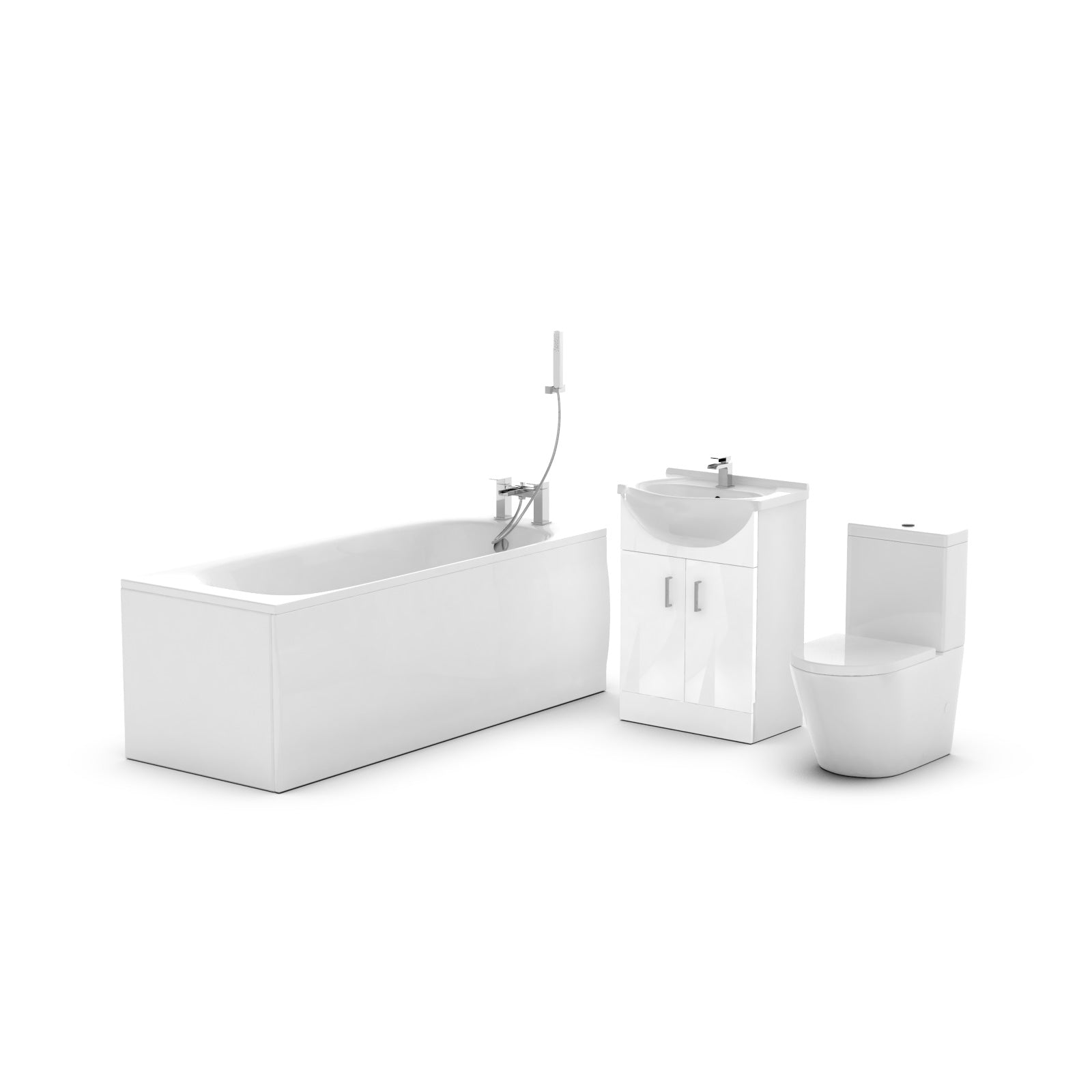 Ellen 1700mm Bath, 550mm Vanity Basin Unit, Rimless Close Coupled Toilet, Mono Mixer, Bath Mixer & Wastes White