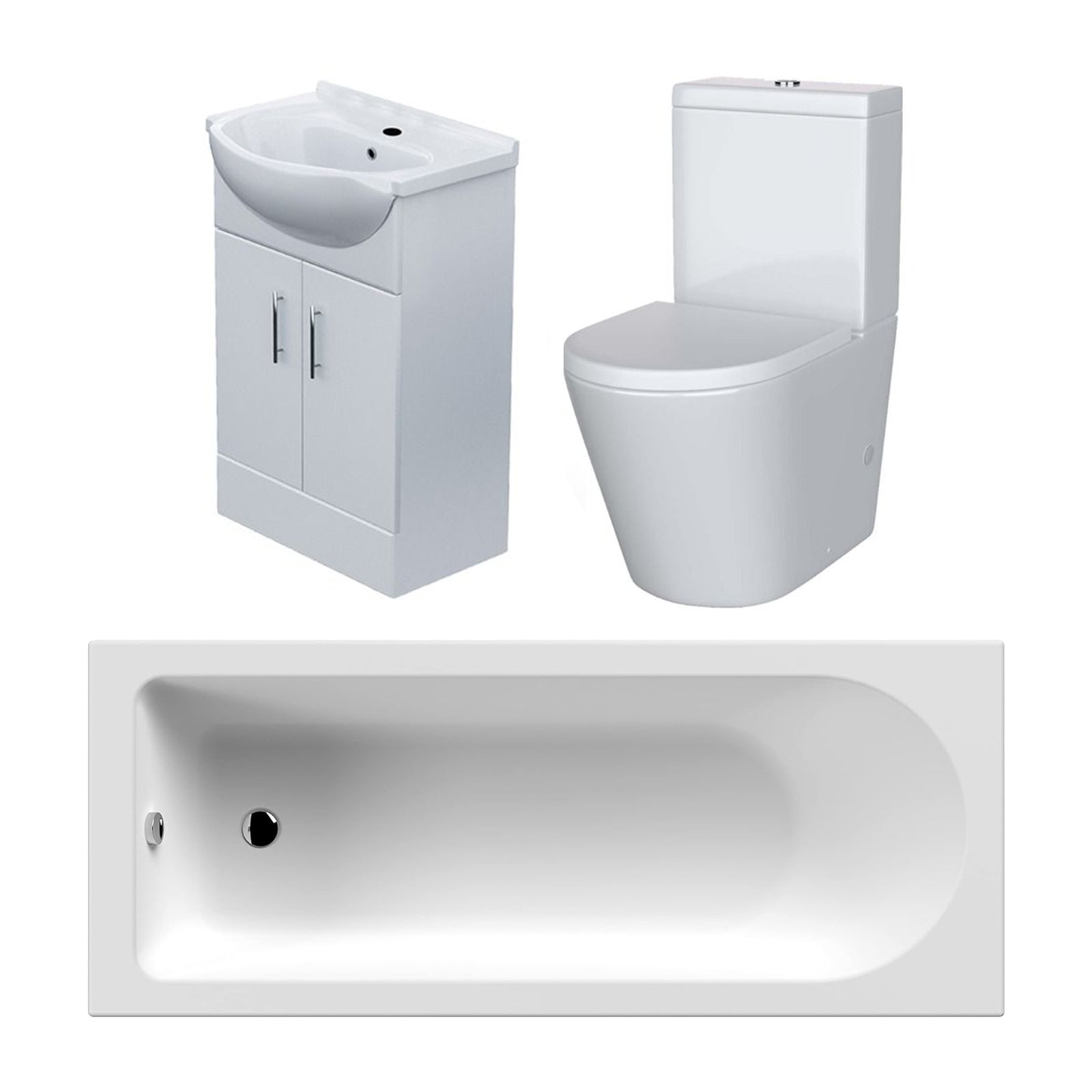 Bathroom set with white sink, toilet, and bathtub on a white background