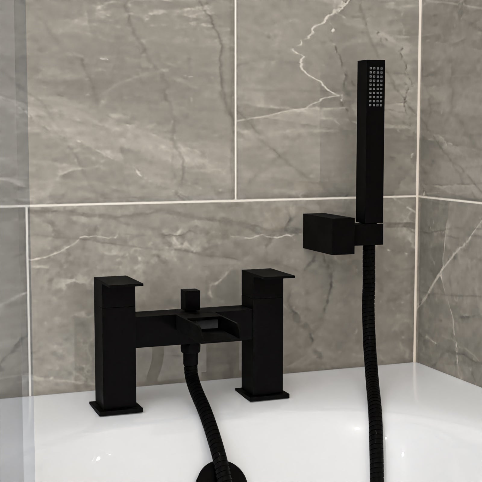Black shower faucet and shower head set against a tiled bathroom wall.
