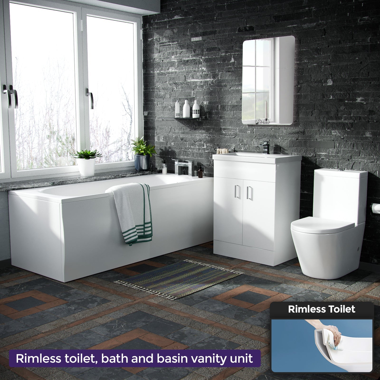 Nanuya Basin Vanity Unit & Close Coupled WC Toilet with Straight Edge Bath Bathroom Suite