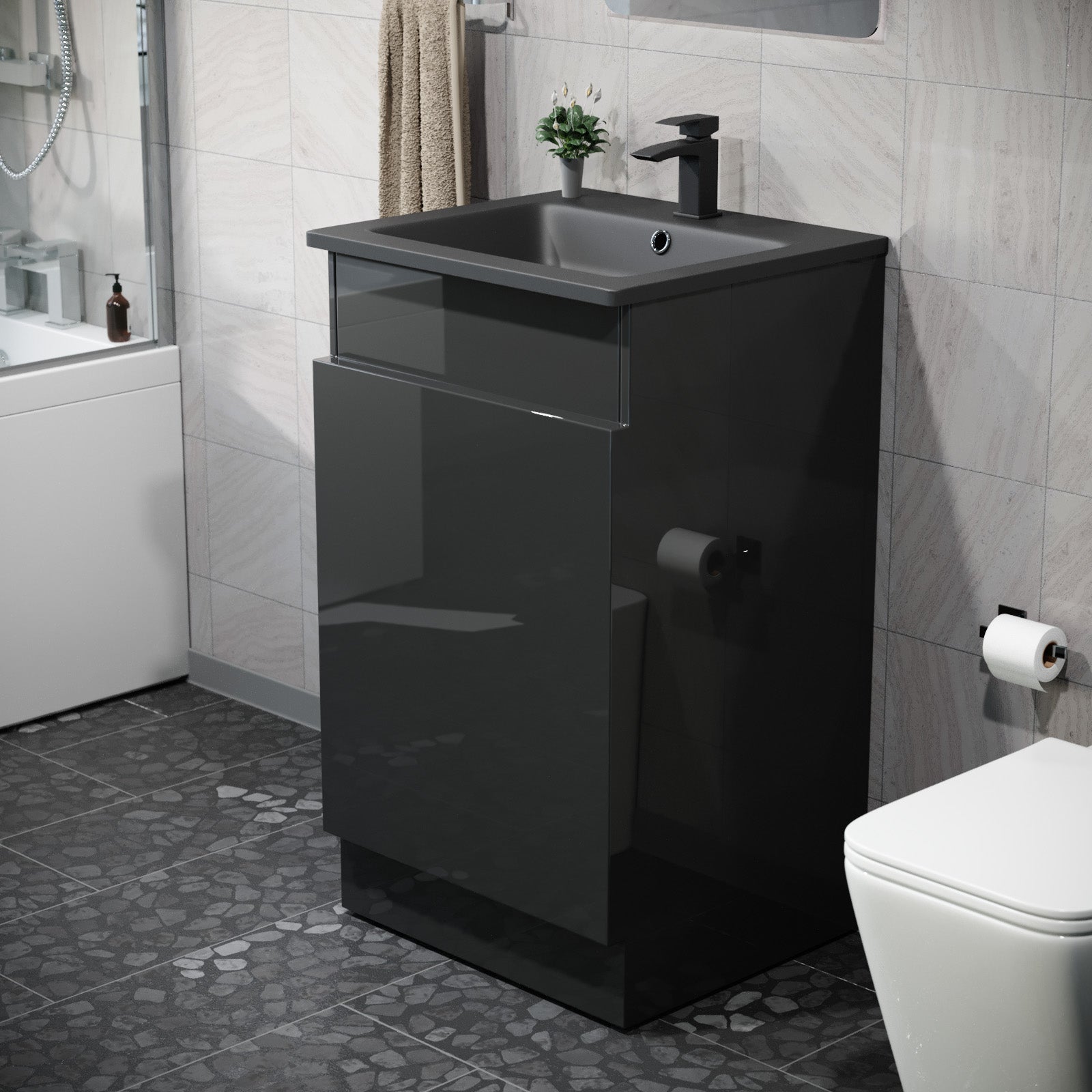 Aston 485mm Left Hand Dark Oak Vanity Unit with Black Resin Basin