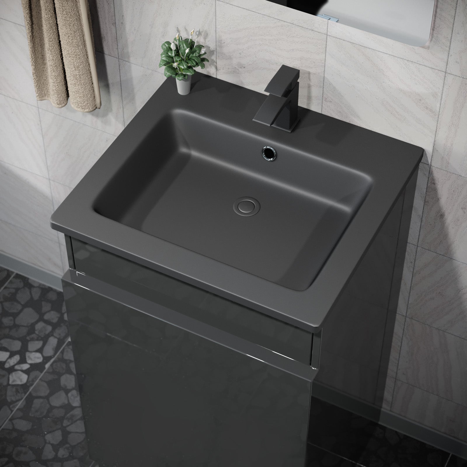 Aston 485mm Left Hand Dark Oak Vanity Unit with Black Resin Basin