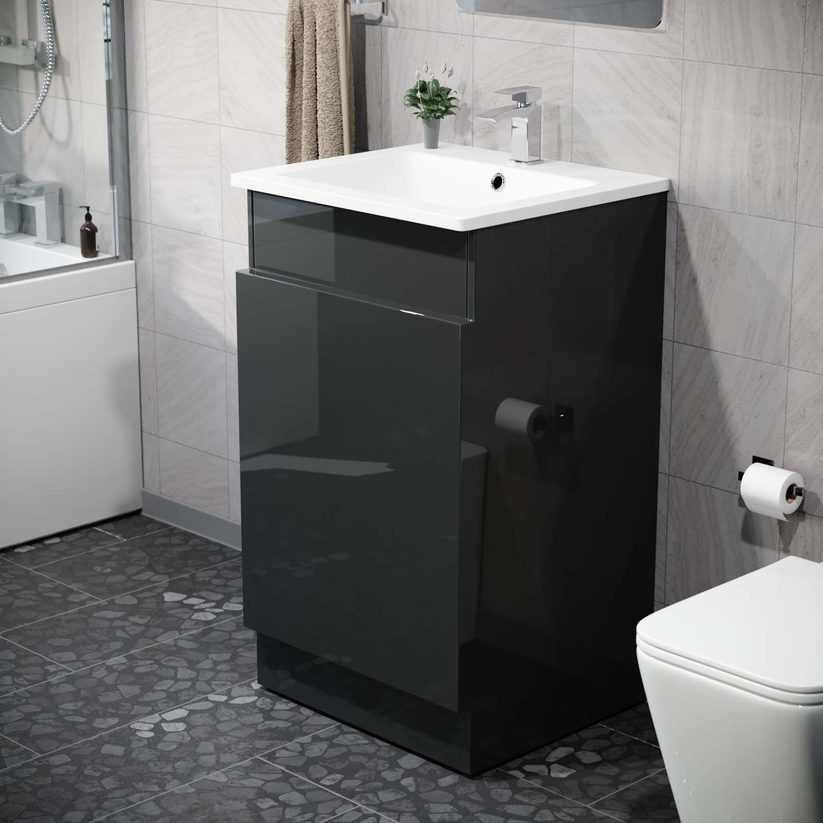 Aston 485mm Left Hand Black Vanity Unit with White Resin Basin
