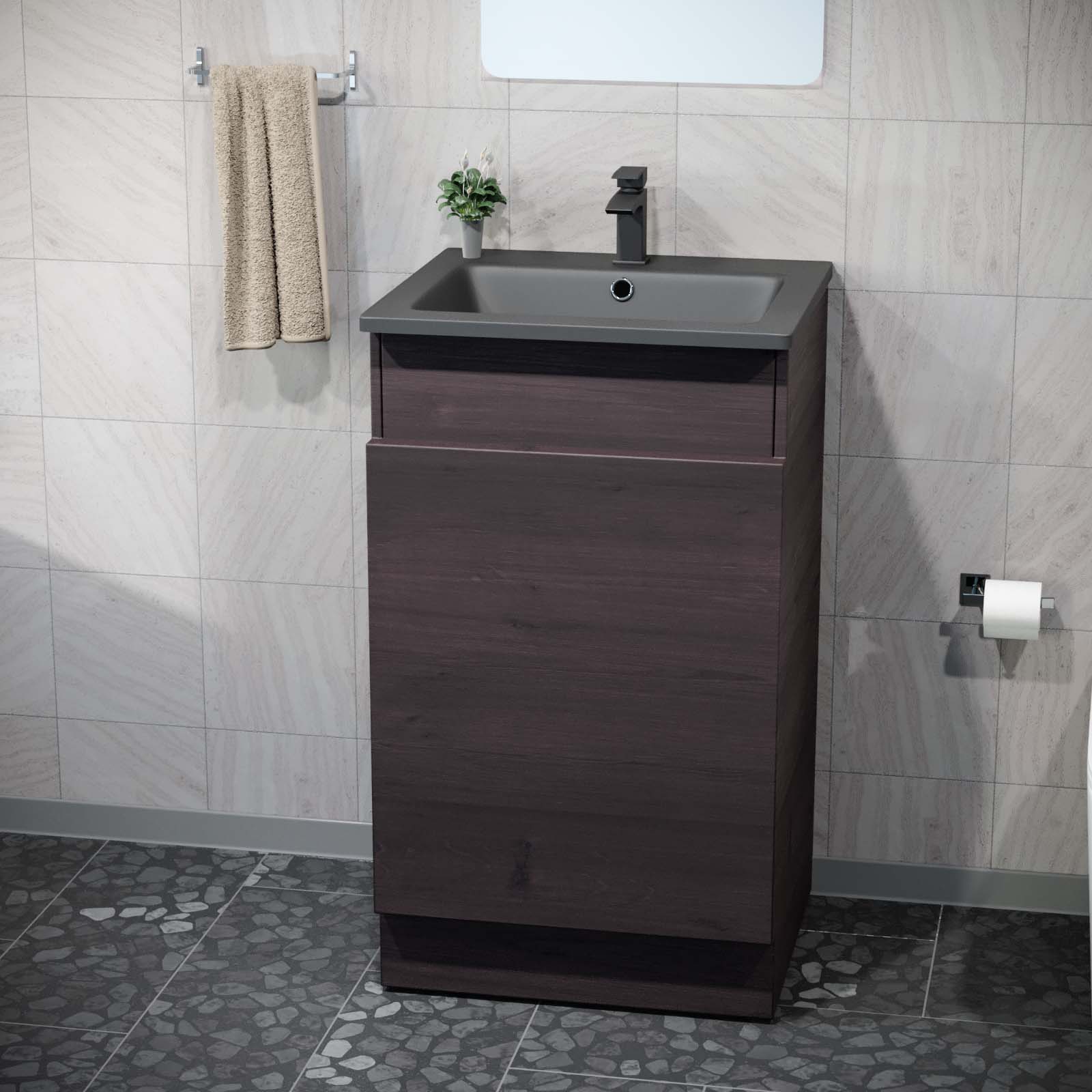 Aston 485mm Left Hand Dark Oak Vanity Unit with Black Resin Basin