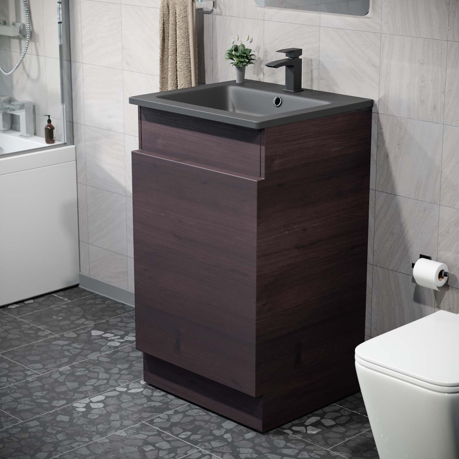 Aston 485mm Left Hand Dark Oak Vanity Unit with Black Resin Basin
