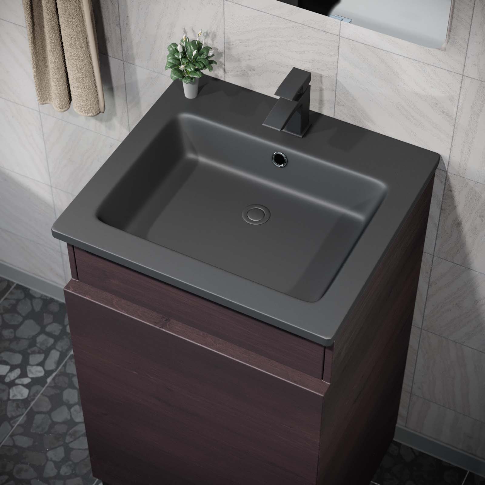 Aston 485mm Left Hand Dark Oak Vanity Unit with Black Resin Basin