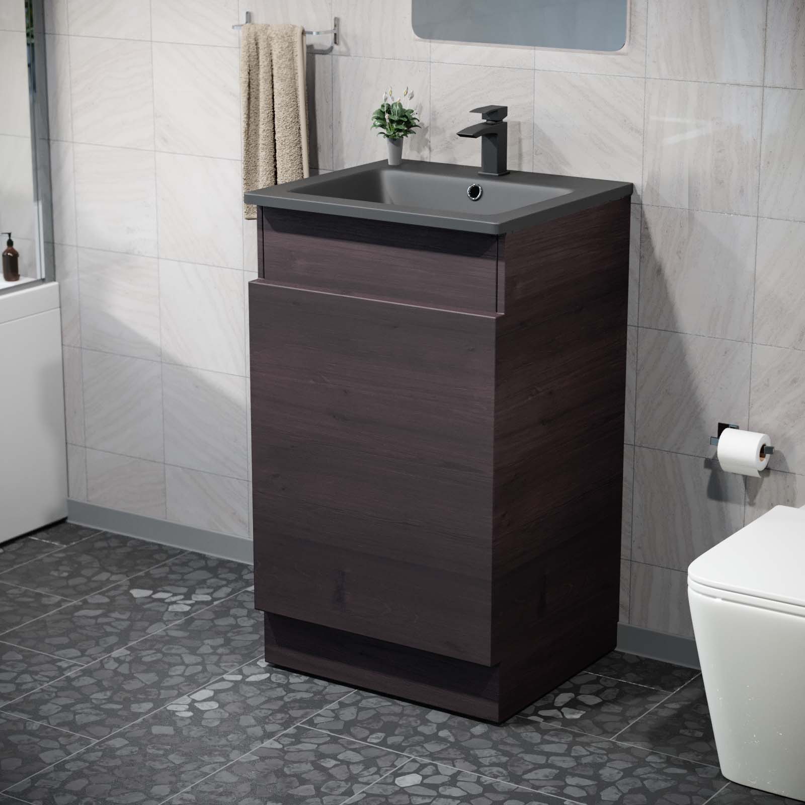 Aston 485mm Left Hand Dark Oak Vanity Unit with Black Resin Basin
