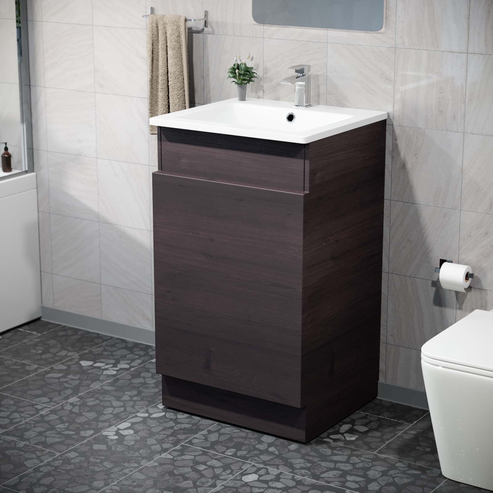 Aston 485mm Left Hand Dark Oak Vanity Unit with White Resin Basin