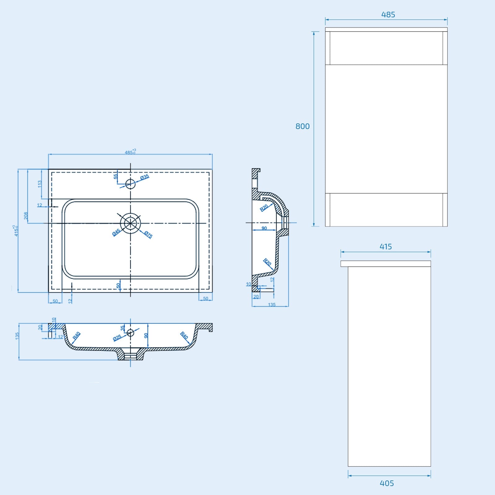Aston 485mm Left Hand Dark Oak Vanity Unit with White Resin Basin