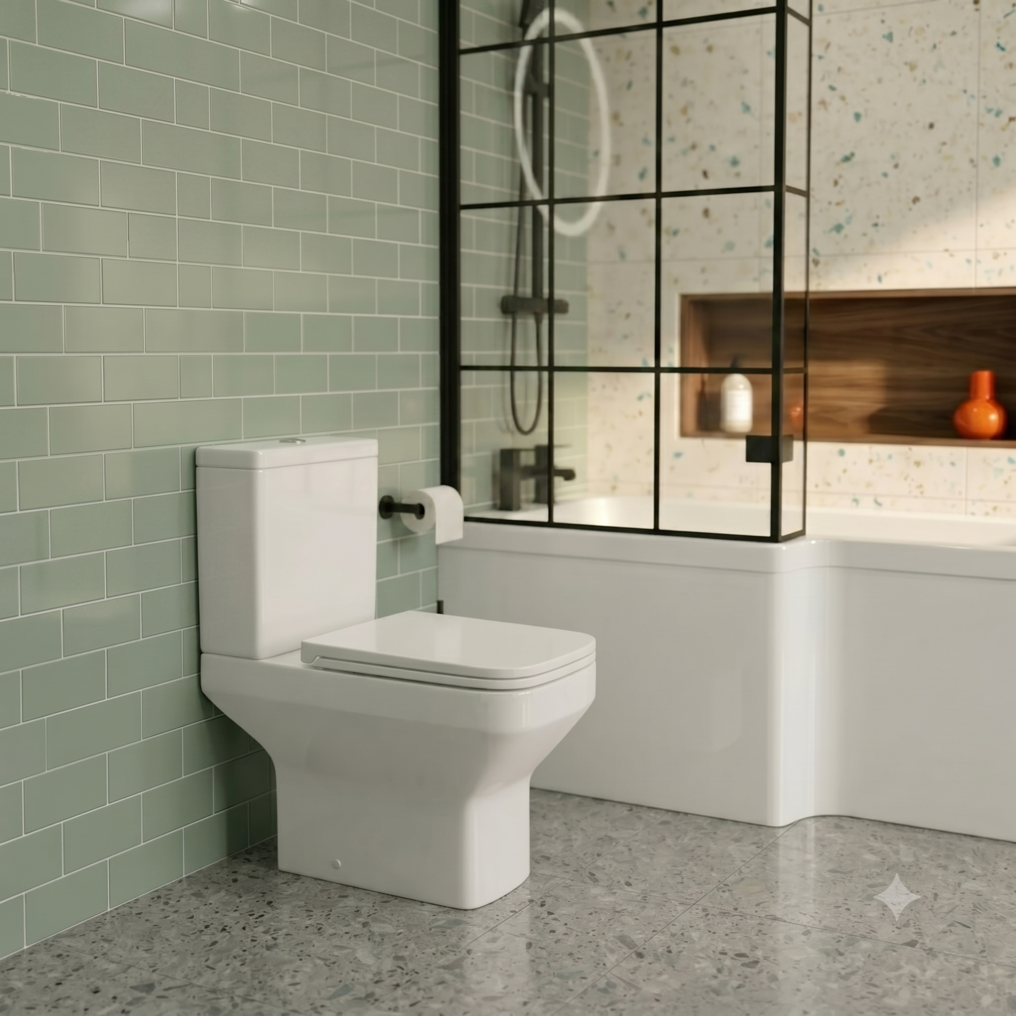 Small Bathroom Suite - Alaska Vanity Set with Toilet & L-Shaped LH 1500mm Shower Bath - Complete Set with Black Fittings