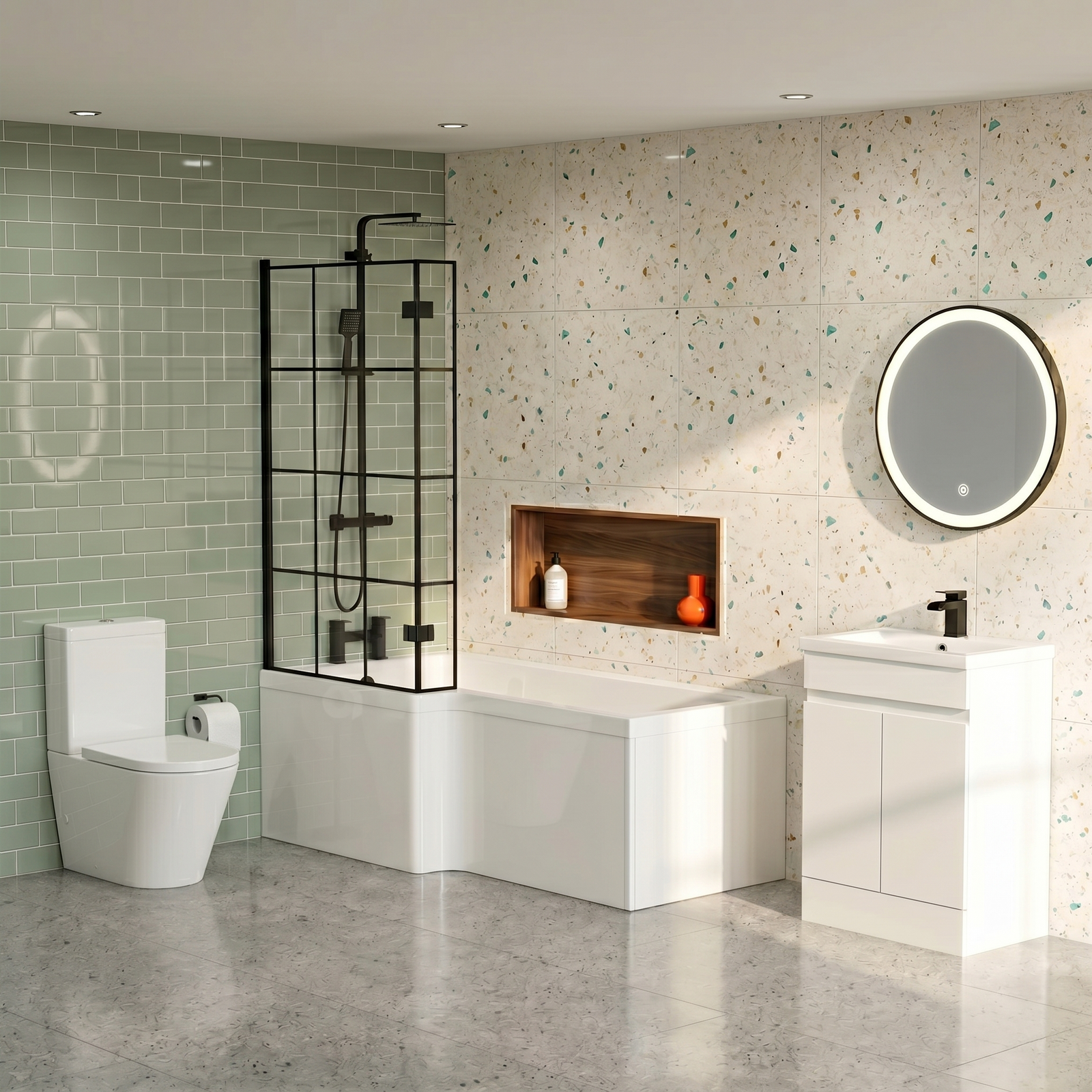 Small Bathroom Suite - Alaska Vanity Set with Toilet & L-Shaped LH 1500mm Shower Bath - Complete Set with Black Fittings