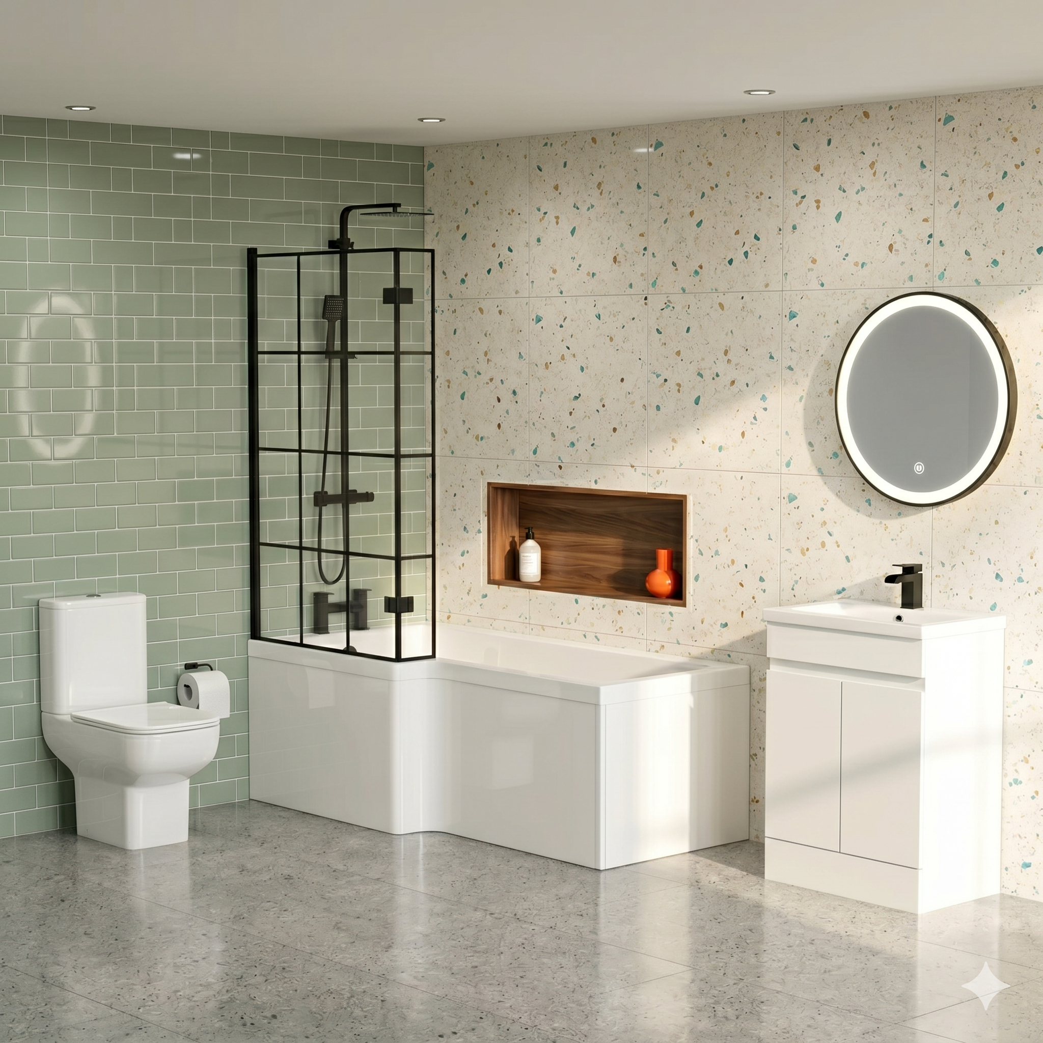 Small Bathroom Suite - Alaska Vanity Set with Toilet & L-Shaped LH 1500mm Shower Bath - Complete Set with Black Fittings