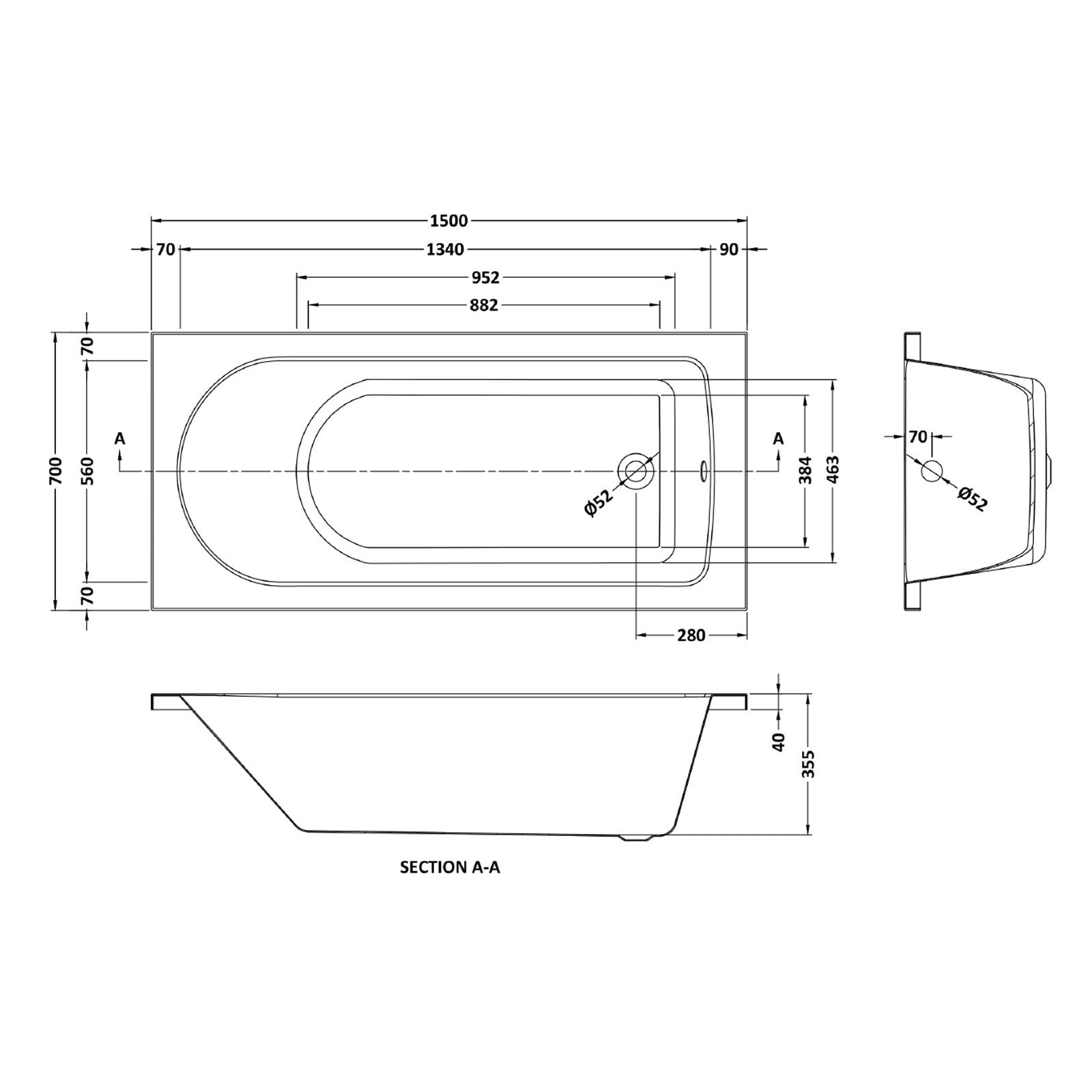 1500mm x 700mm Round Style Single End Straight Bath with Legs