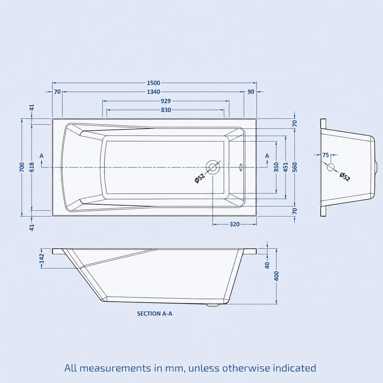 1500mm x 700mm Standard Square Single Ended Bath With Legs White