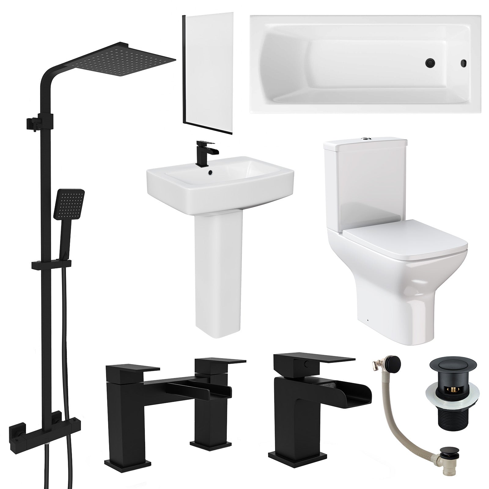 Square Bathroom Suite Matt Black 1700mm Bath, Toilet, Pedestal basin, Tap,Shower