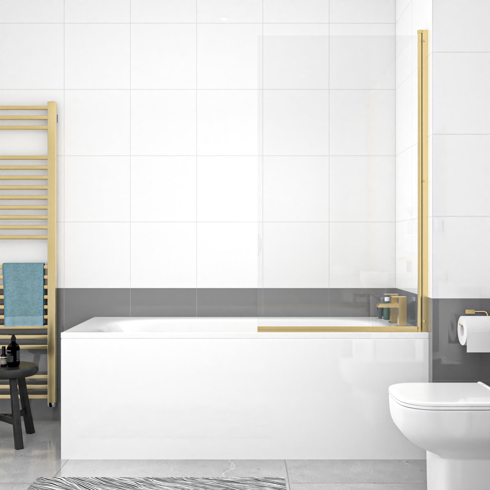 1700 x 700mm Round Bath with Legs and Brushed Brass Frame Square Bath Screen