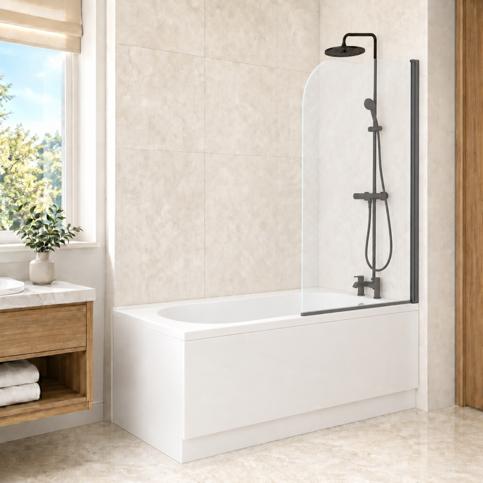1700mm x 700mm Round Bath With Legs & Curved Black Frame Bath Screen