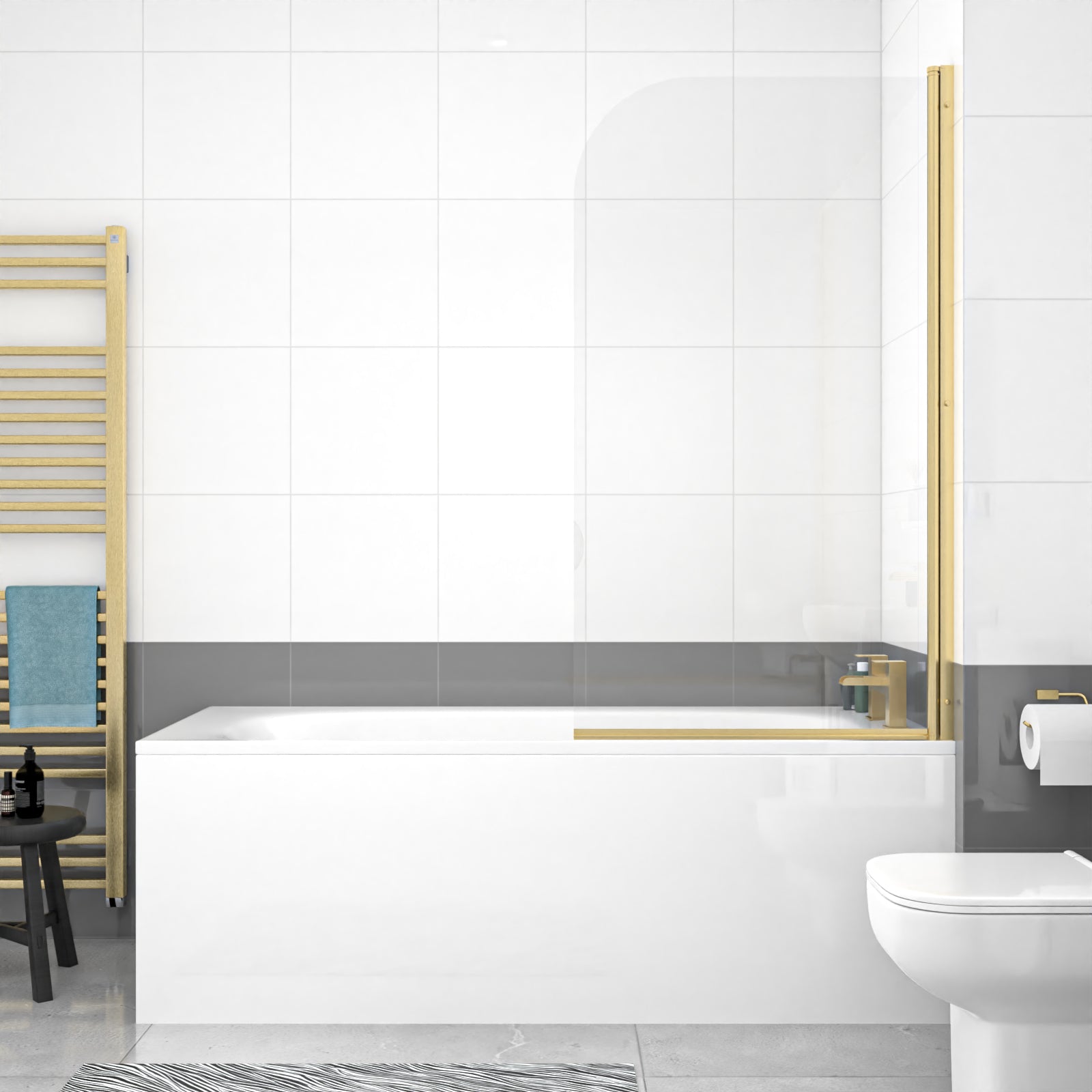 1700 x 700mm Round Bath with Legs and Brushed Brass Frame Curved Bath Screen