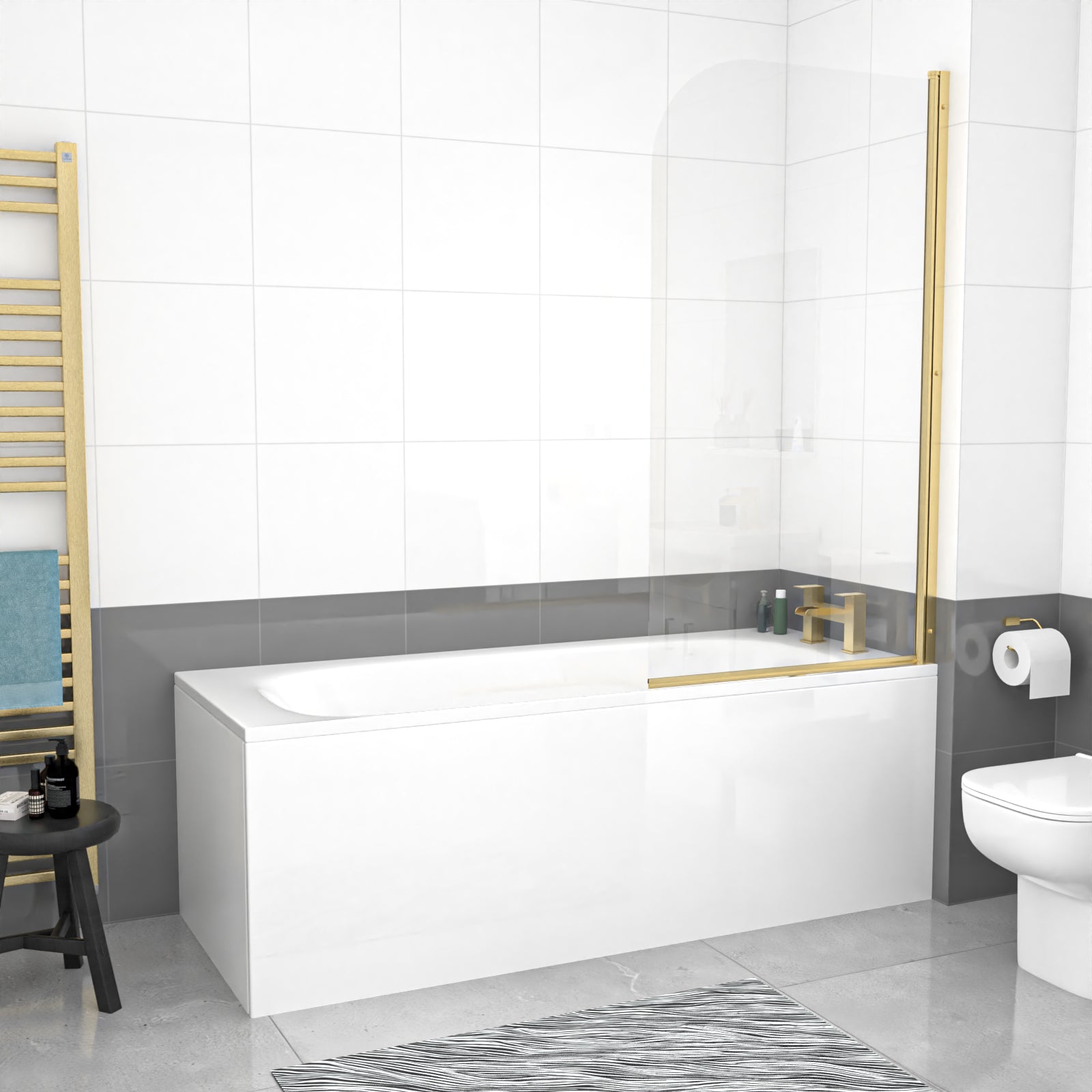 1700 x 700mm Round Bath with Legs and Brushed Brass Frame Curved Bath Screen