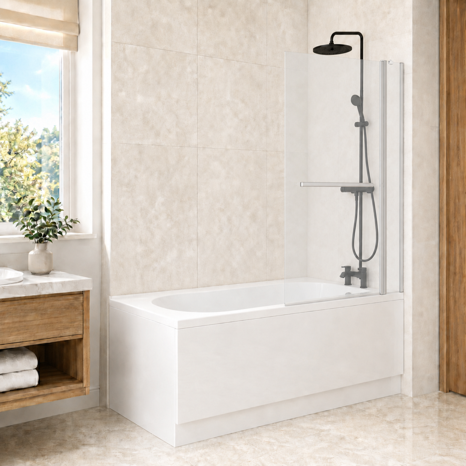 1700mm x 700mm Round Bath, Square Double Glass Bath Screen with Towel Bar