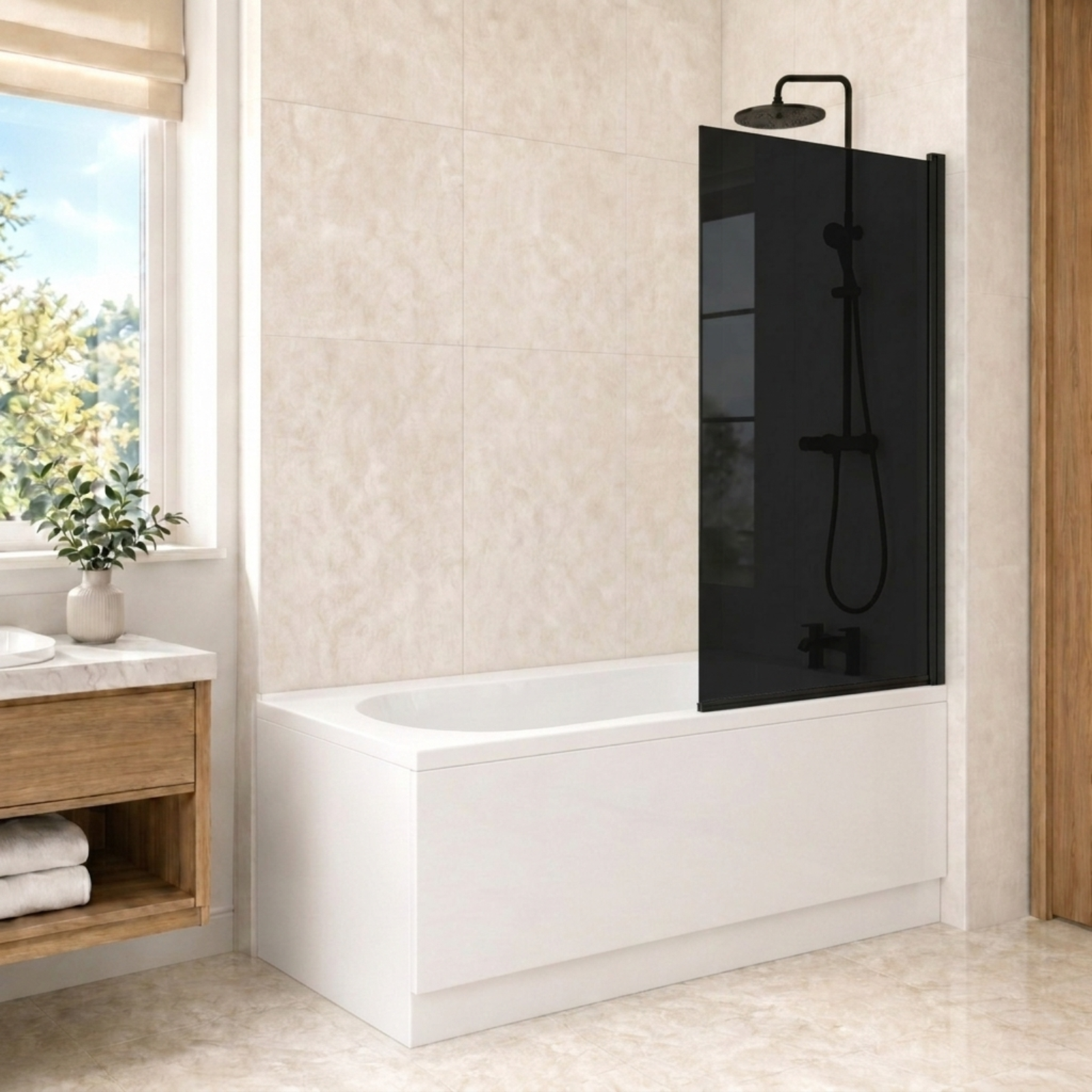 1700mm x 700mm White Round Bath with Square Black Frame Dark Grey Bath Screen