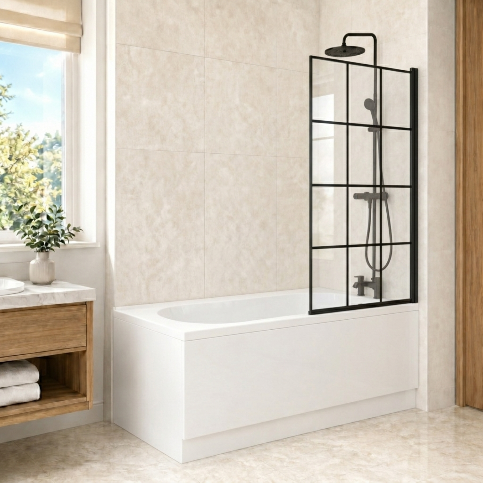 1700mm x 700mm Round Bath with Legs and Square Black Grid Bath Screen