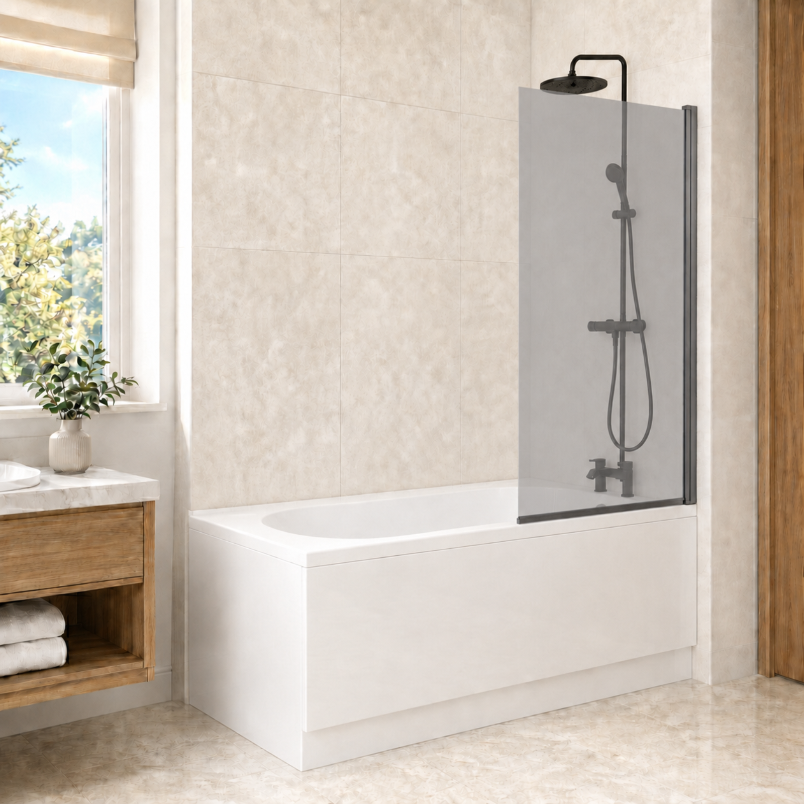 1700mm x 700mm White Round Bath with Square Black Frame Light Grey Bath Screen