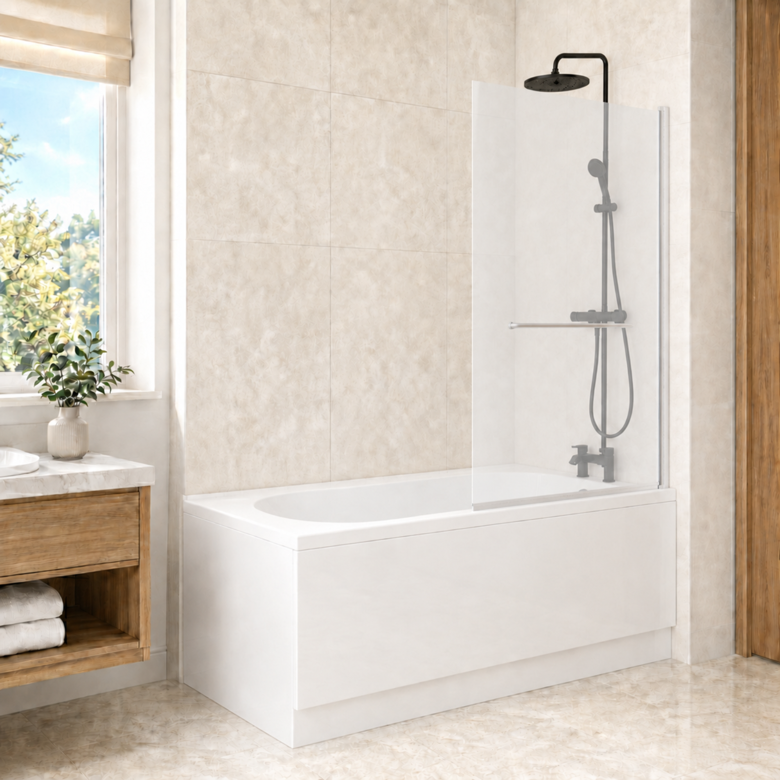 1700mm x 700mm Round Bath, Square 800mm Bath Screen with Towel Bar