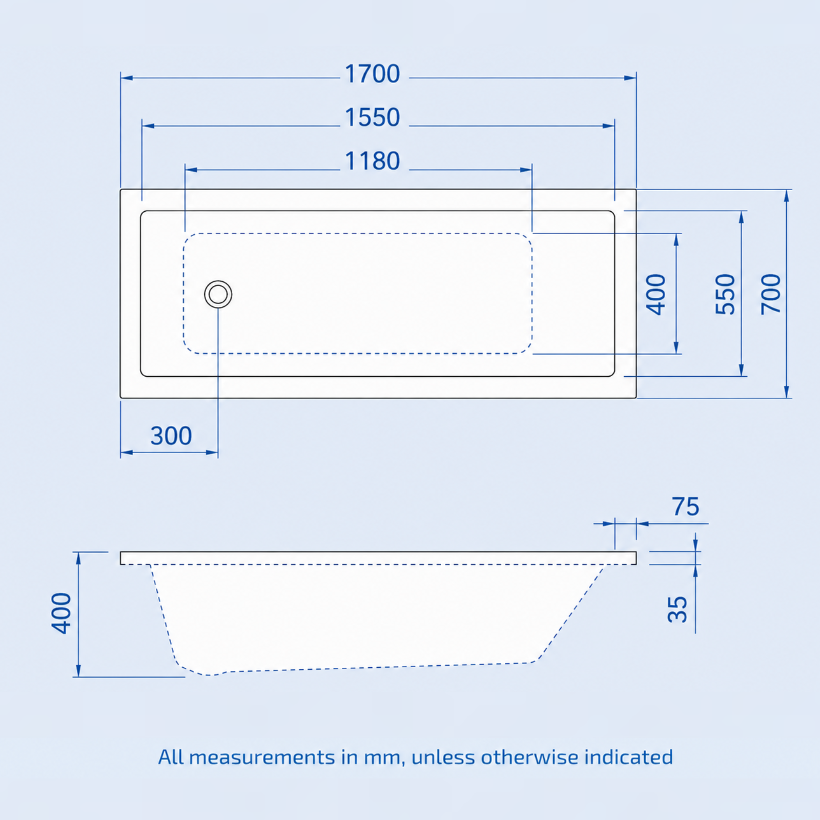Derby 1700mm x 700mm Standard Straight Square Bathroom Bath Tub