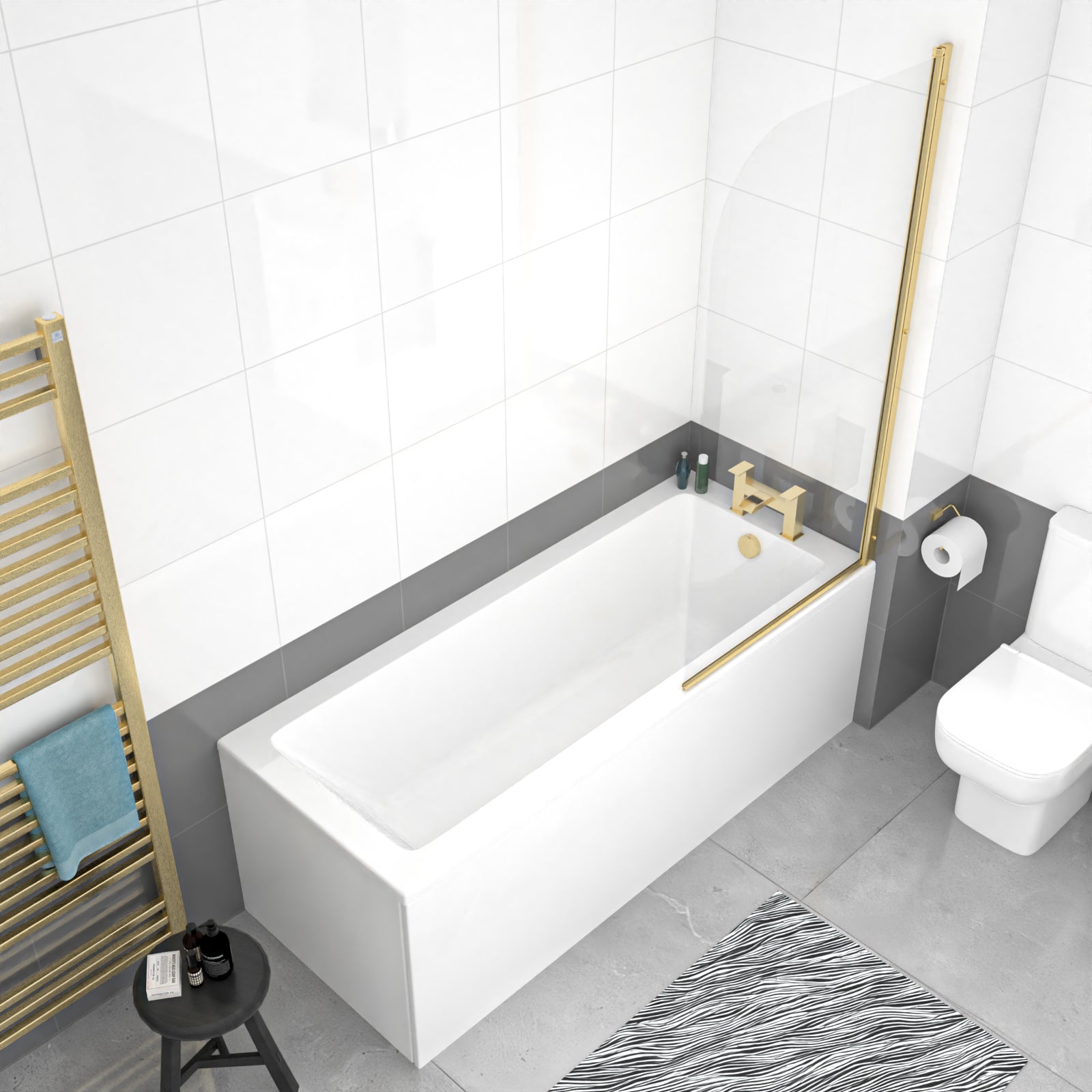 1700 x 700mm Square Bath with Legs and Brushed Brass Frame Curved Bath Screen
