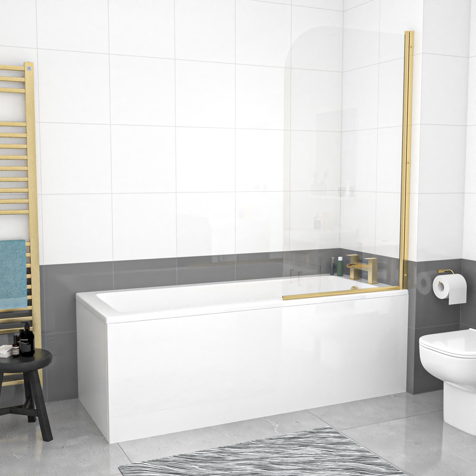 1700 x 700mm Square Bath with Legs and Brushed Brass Frame Curved Bath Screen