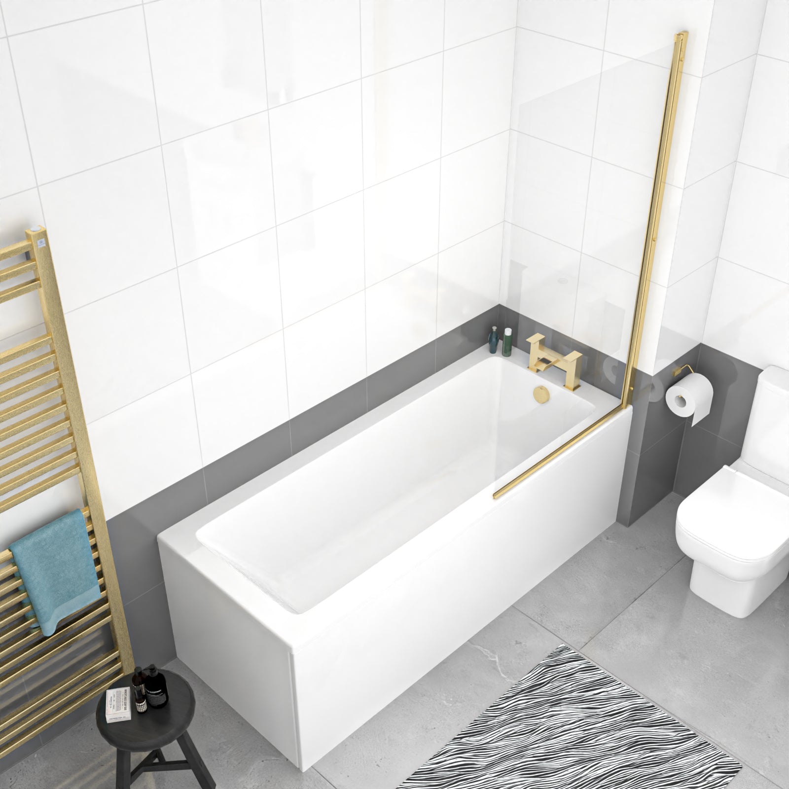 1700 x 700mm Square Bath with Legs and Brushed Brass Frame Square Bath Screen