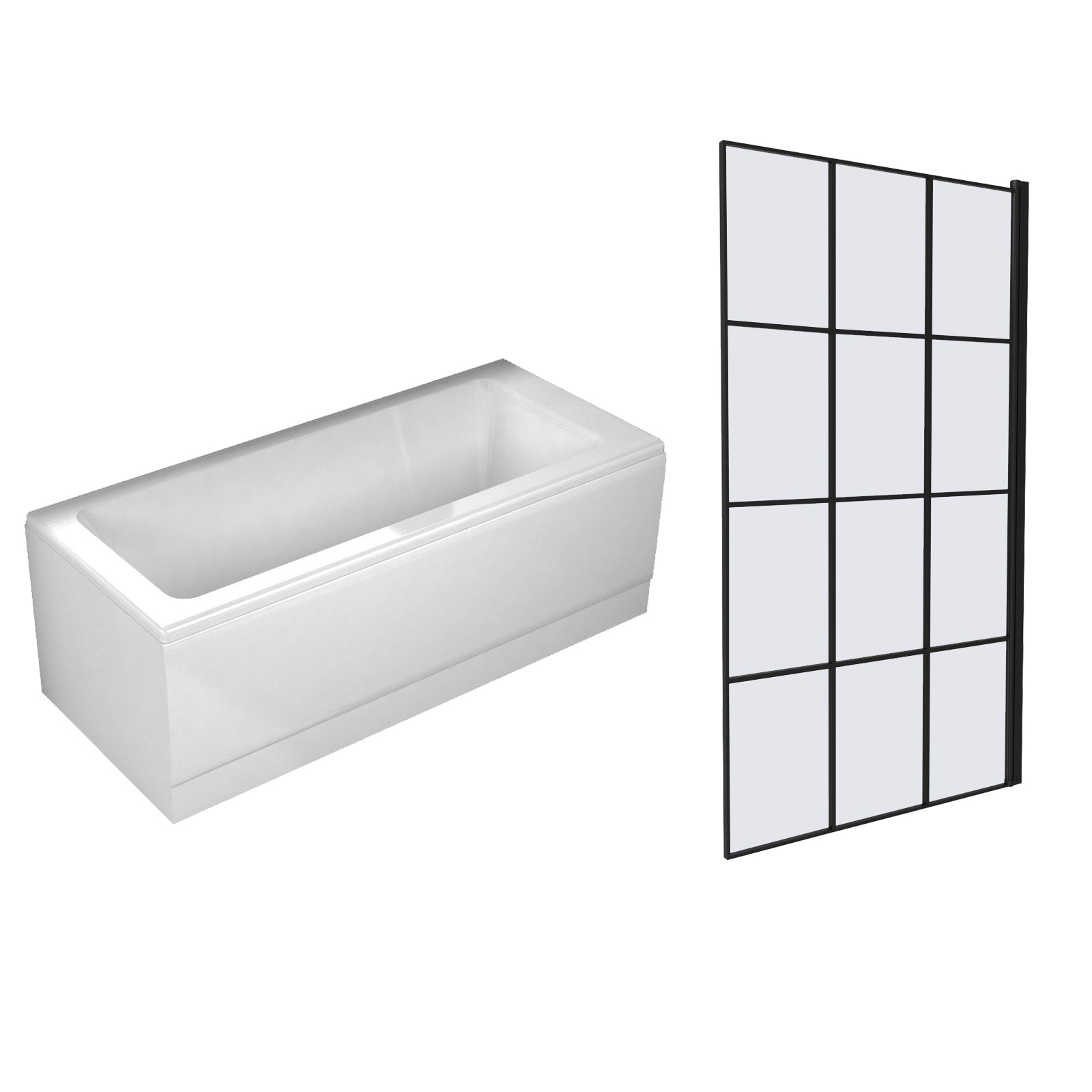 1700 x 700mm Square Bath with Legs and Square Black Grid Bath Screen