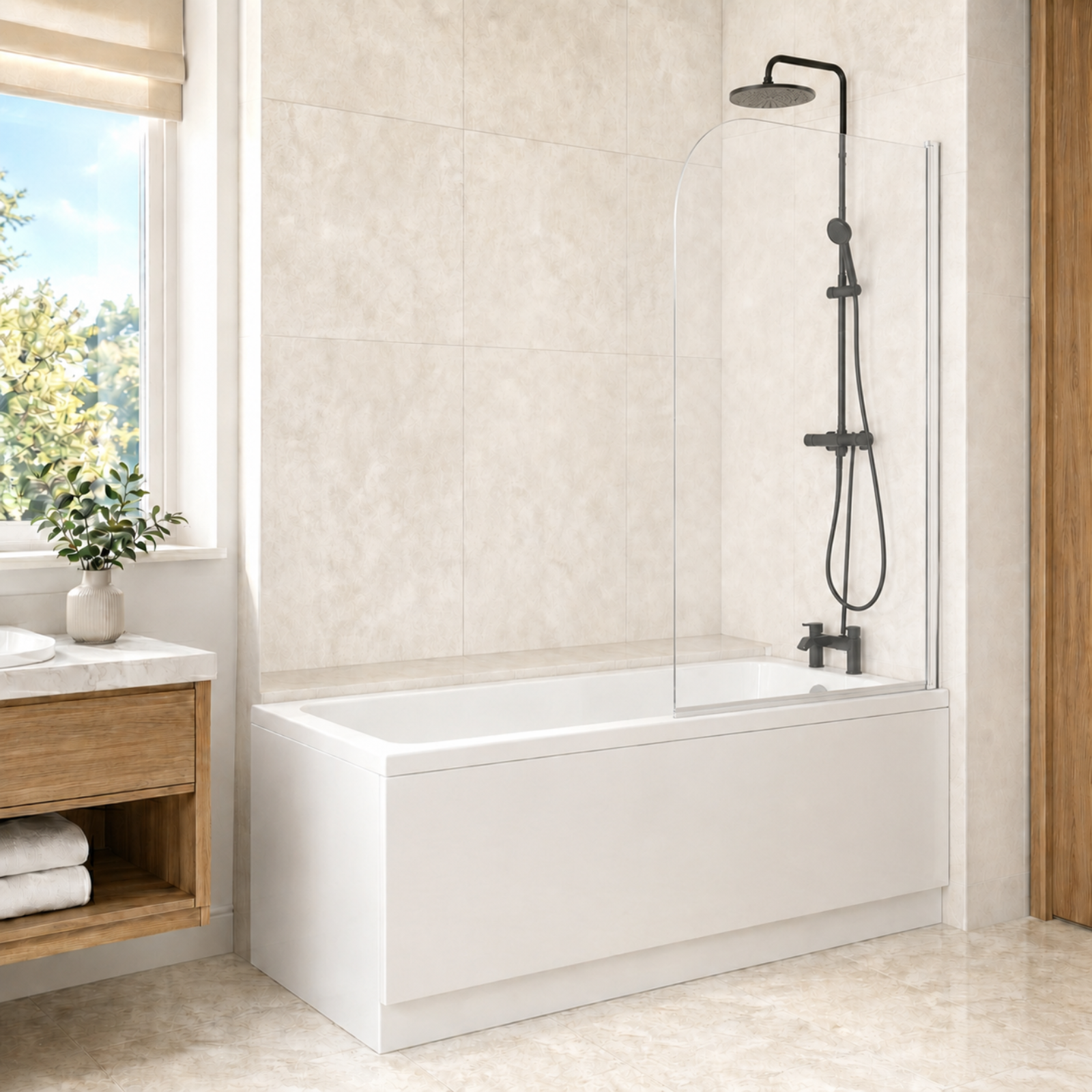 1700mm x 700mm White Square Bath with Legs and Curved Bath Screen