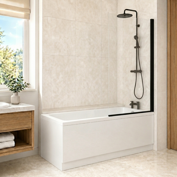 1700 x 700mm Square Bath with Legs and Square Black Frame Bath Screen