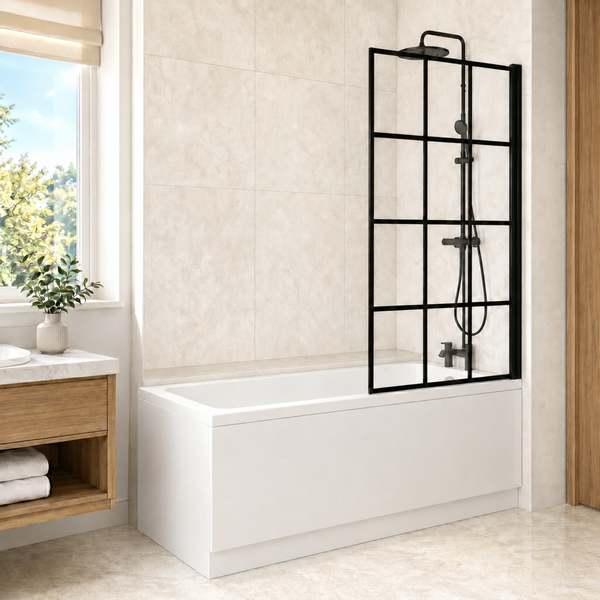 1700 x 700mm Square Bath with Legs and Square Black Grid Bath Screen