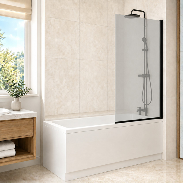 1700 x 700mm Square Bath with Square Black Frame Light Grey Bath Screen