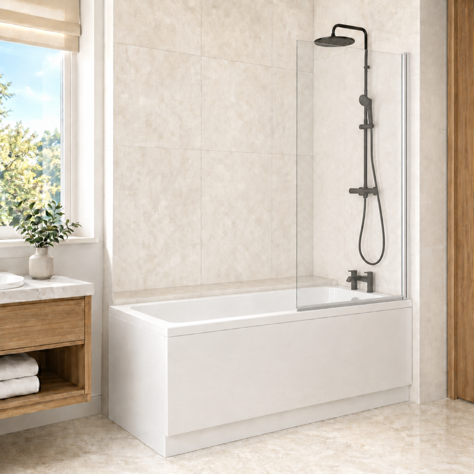 1700mm x 700mm White Square Bath with Legs and Square Bath Screen