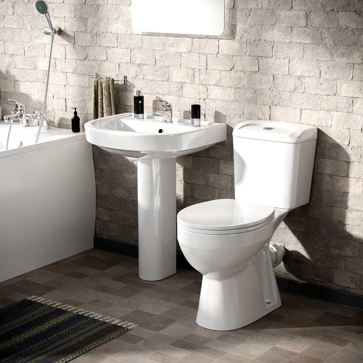 White Pedestal Basin Toilet 1700 Bath Tap and Front Panel Set