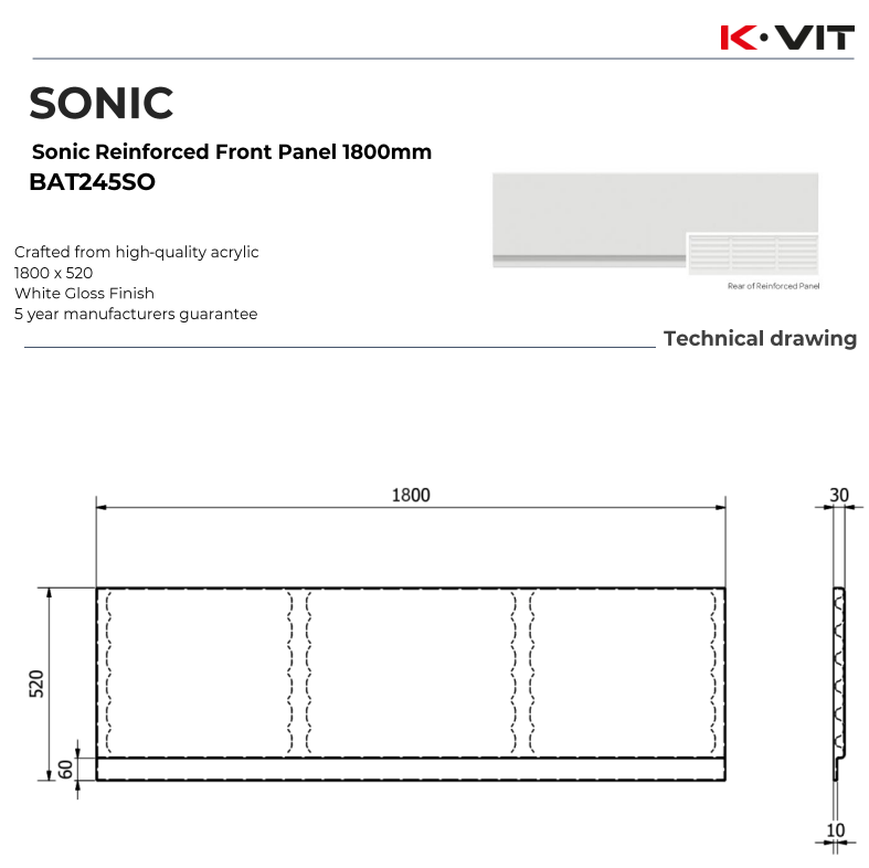Kartell Sonic Reinforced White Acrylic 1800mm W x 550mm H Front Bath Panel - Adjustable Height