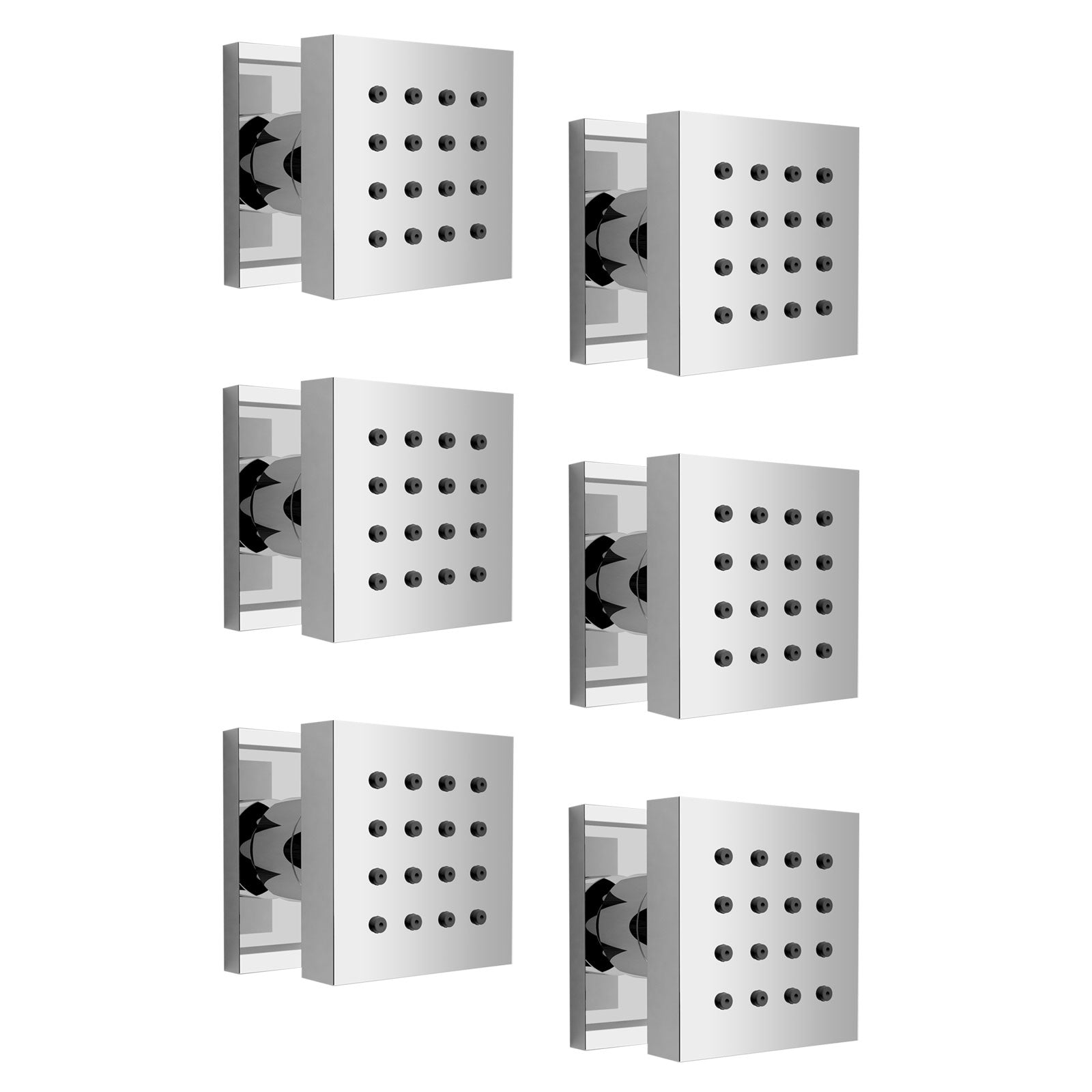 Set of Six Square Chrome Plated Brass Shower Bath Body Massage Jets