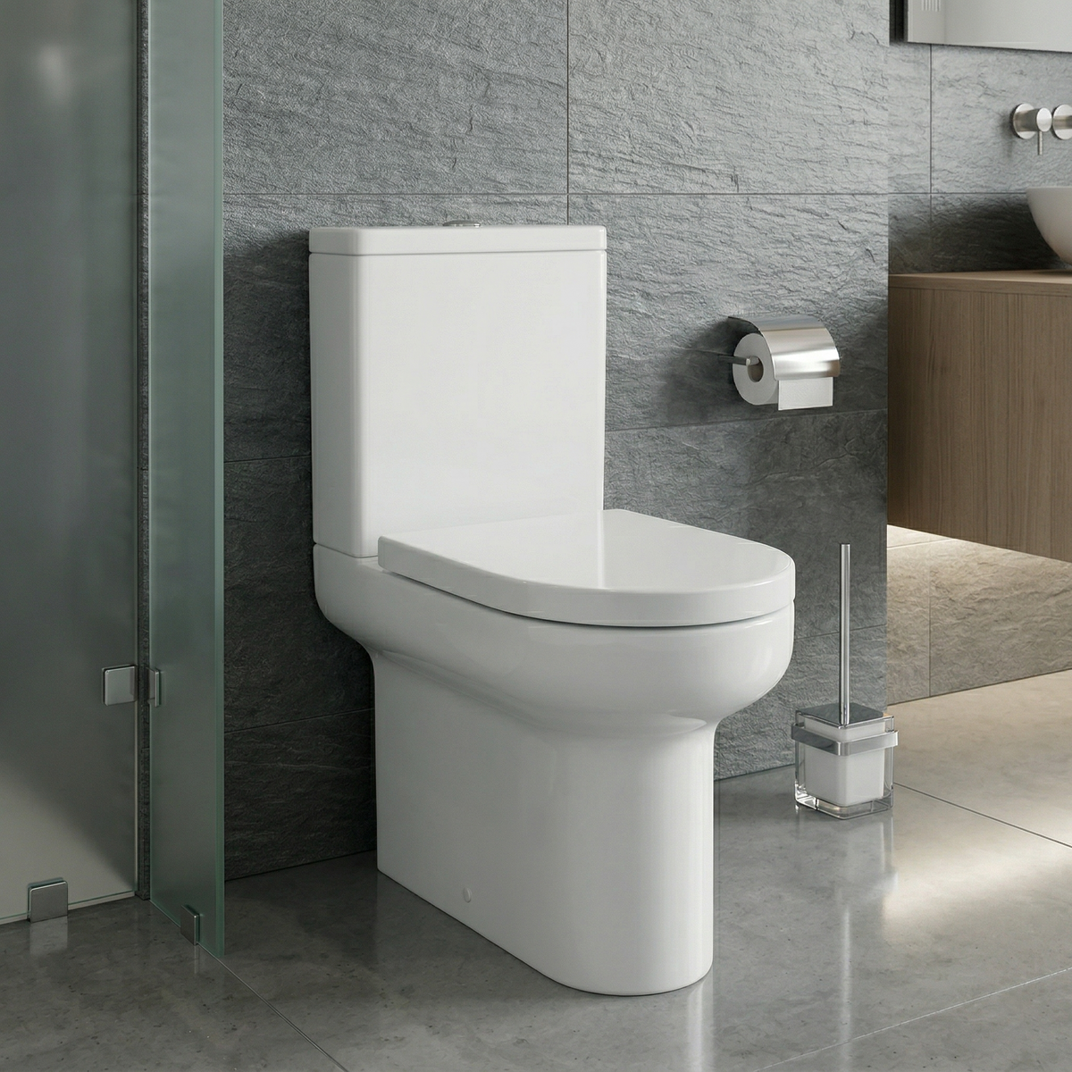 Kartell Bijoux White Close to Wall Rimless Close Coupled D Shape Toilet with Cistern & Soft Close Seat