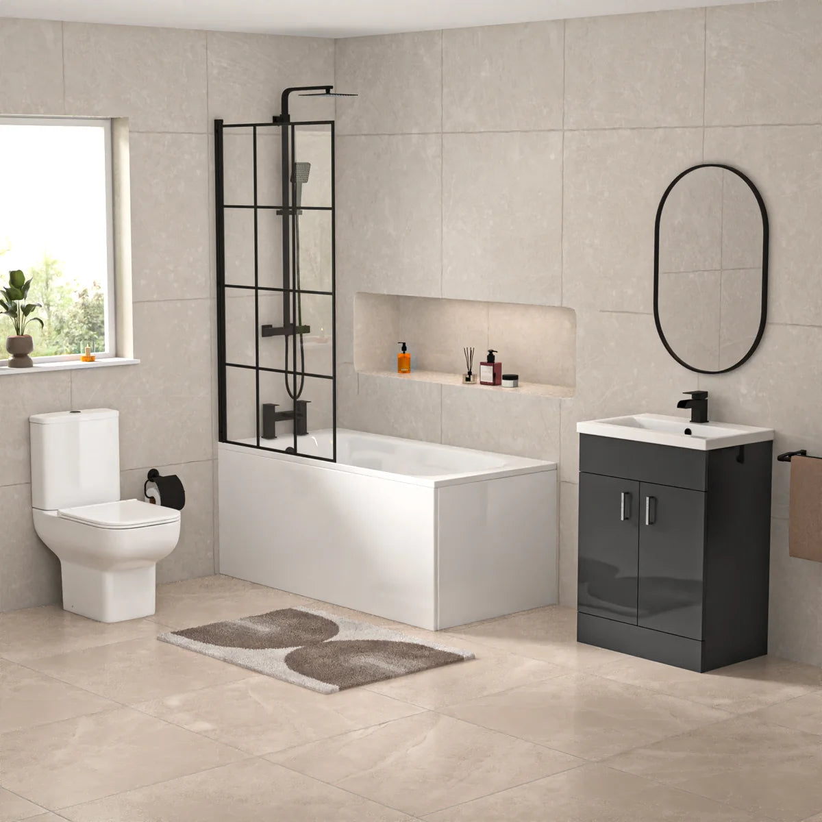 1400mm Round Bath with Grid Screen, Exposed Shower, Vanity with Toilet & Taps