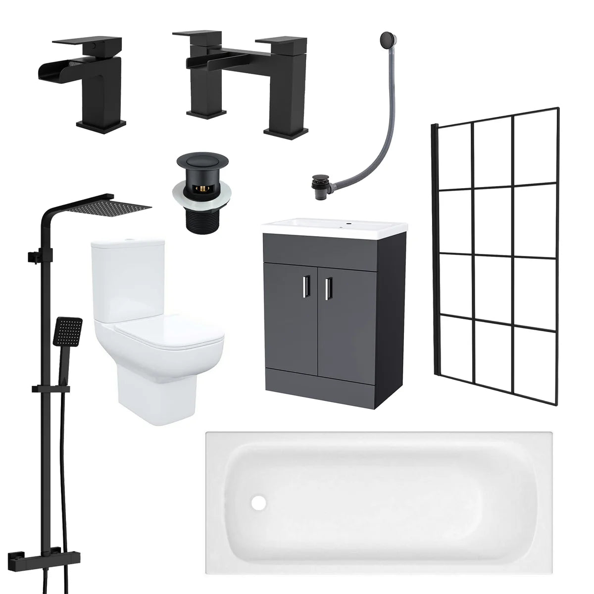 1500mm Round Bath with Grid Screen, Exposed Shower, Vanity with Toilet & Taps